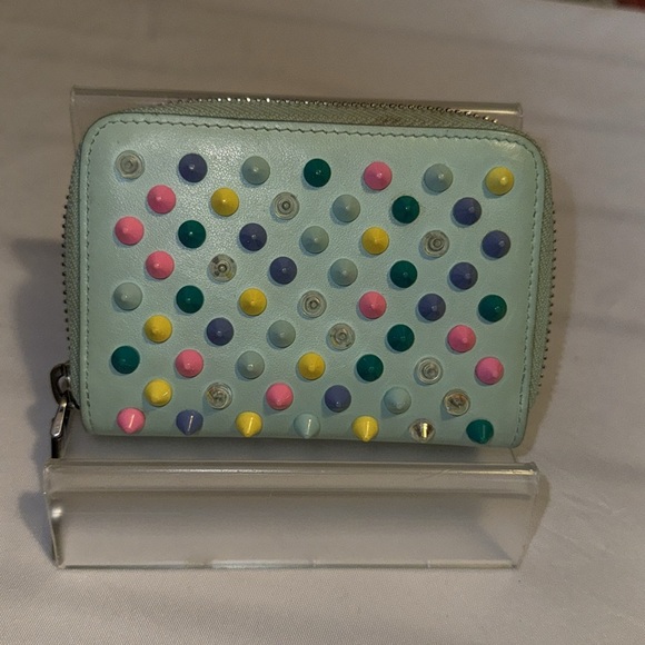 Christian Louboutin Coin Case Wallet Leather Blue Multicolor Studded Used GUC - Picture 2 of 10
